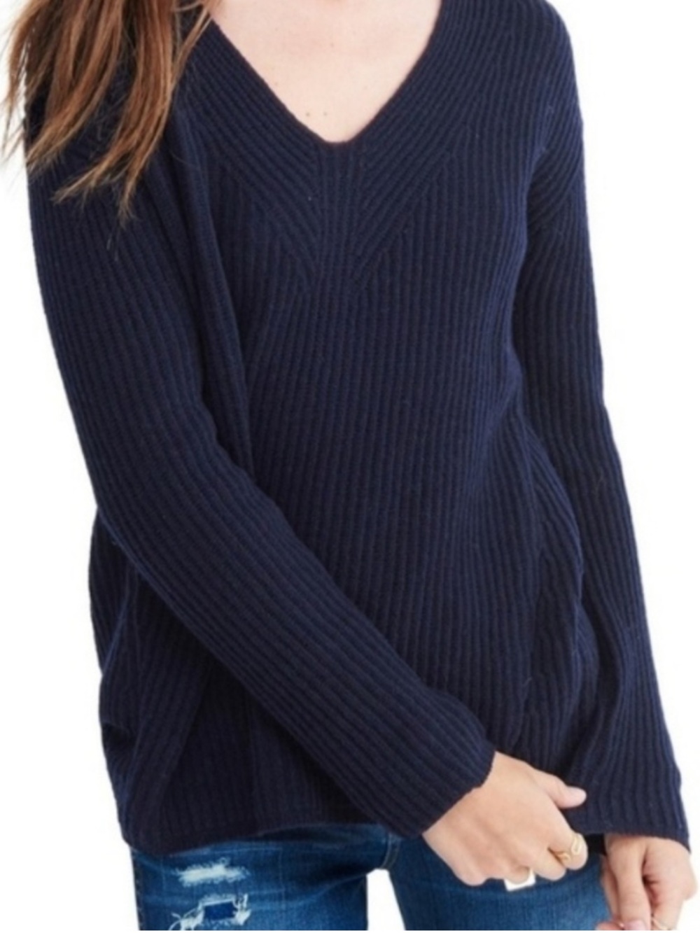 Madewell Woolside Pullover V-neck Sweater in Navy Blue XL Ribbed Texture Knit